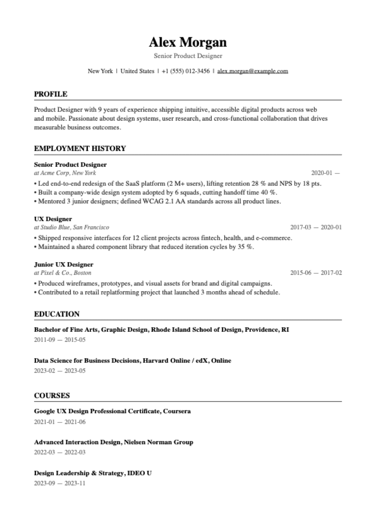 Harvard CV template preview
