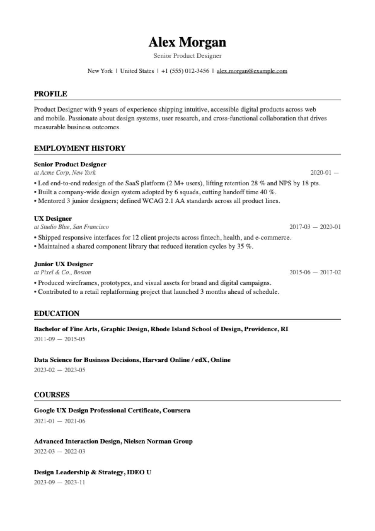 Harvard CV template preview
